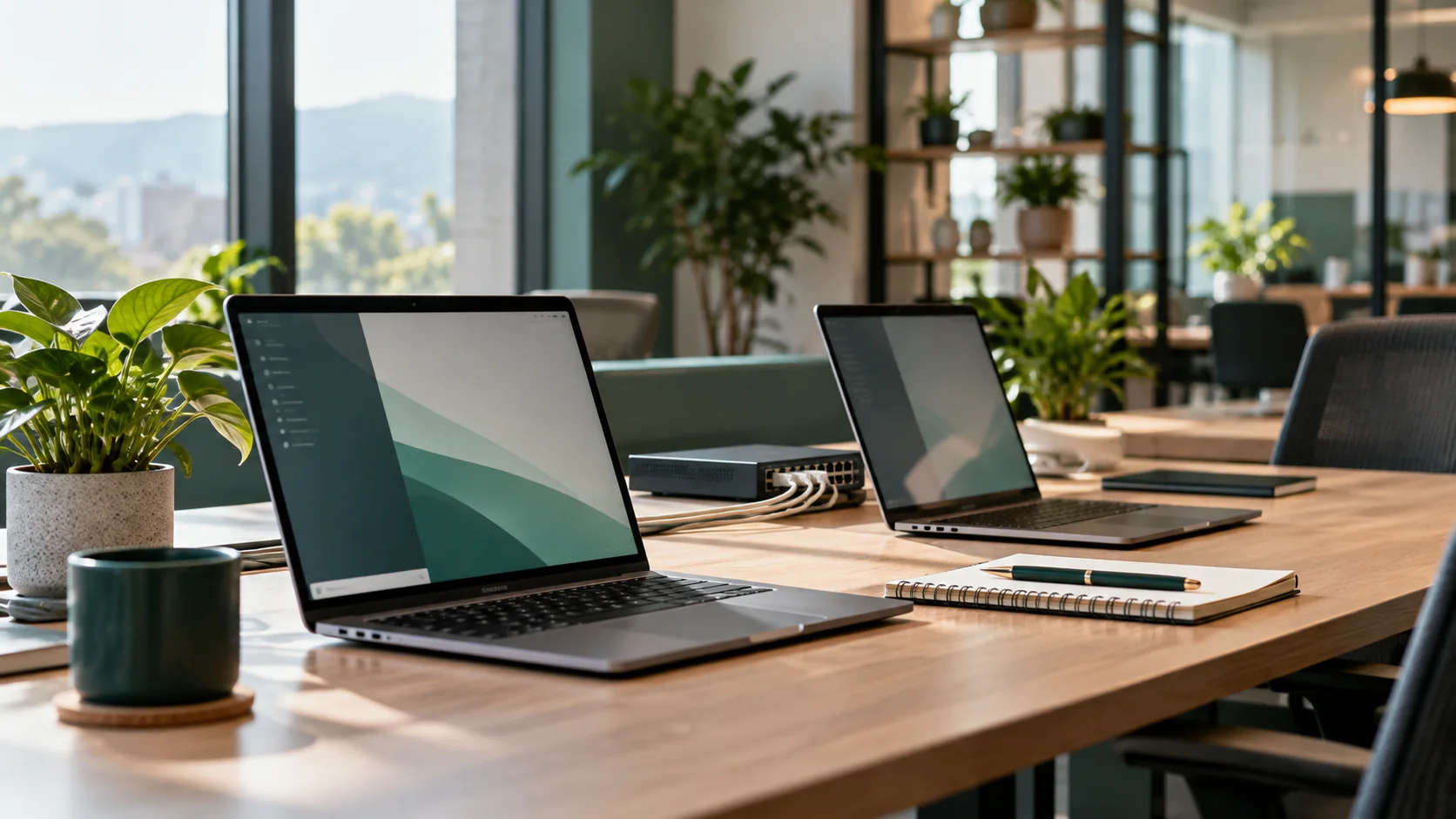 Escena ilustrativa de trabajo tecnológico con computadoras y equipo de red.